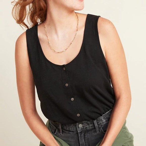 Old Navy Button Front Slub Knit Tank Top Sleeveless Black Size Petite XXL - Picture 1 of 5